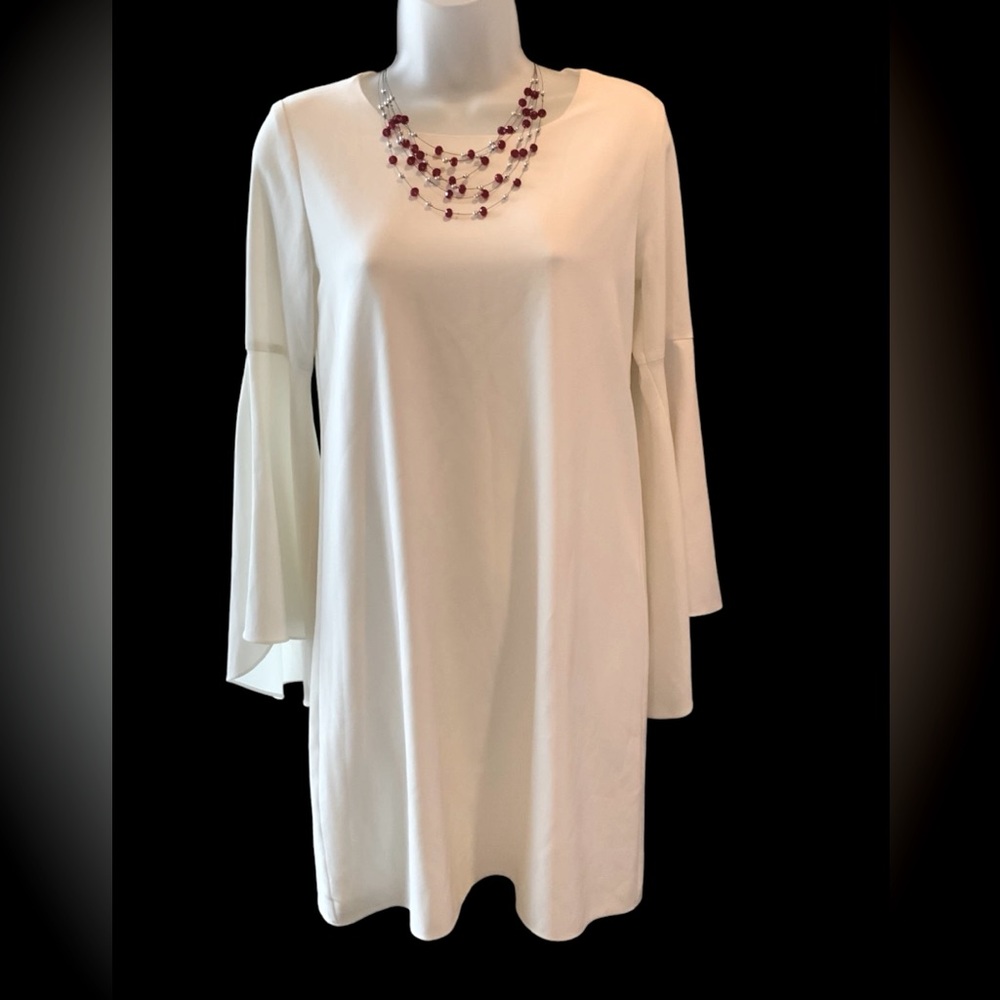 White Dress With Long Bell Sleeves And Round Neck Fully Lined by Aqua Size XS